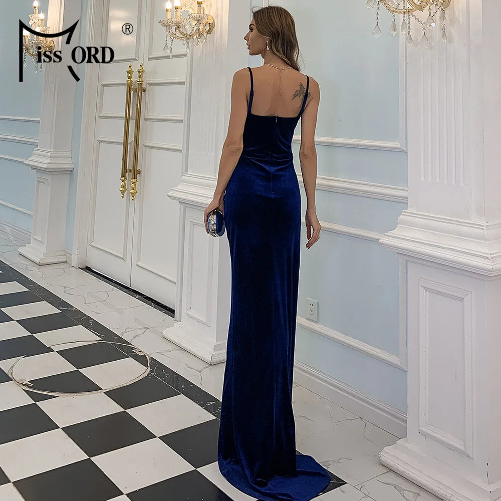 Missord Elegant Green Velvet Party Evening Dress Women Spaghetti Strap V Neck High Split Mermaid Prom Dresses Long Cocktail Gown RT220
