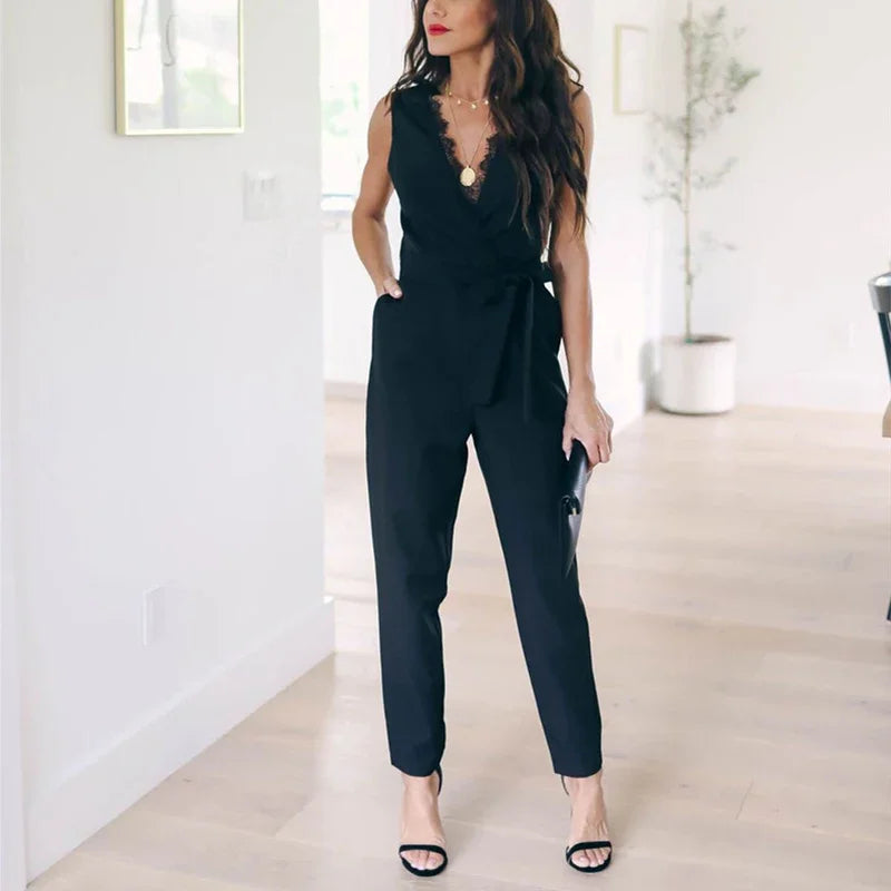 Fashion Lace Women Jumpsuit With Belt Sleeveless Casual V-neck Solid Women Black Jumpsuits Fashion Female Pants Suit Pants RT220