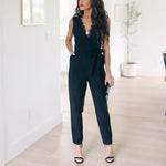 Fashion Lace Women Jumpsuit With Belt Sleeveless Casual V-neck Solid Women Black Jumpsuits Fashion Female Pants Suit Pants RT220