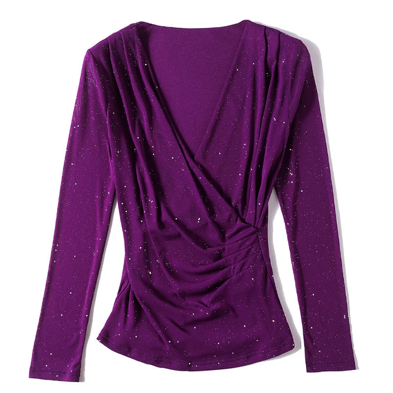 New Spring Women's T-Shirt Cross V-Neck Solid Color Bright Powder Slim Long-Sleeved Mesh Tops Elastic Bottoming Shirt RT220