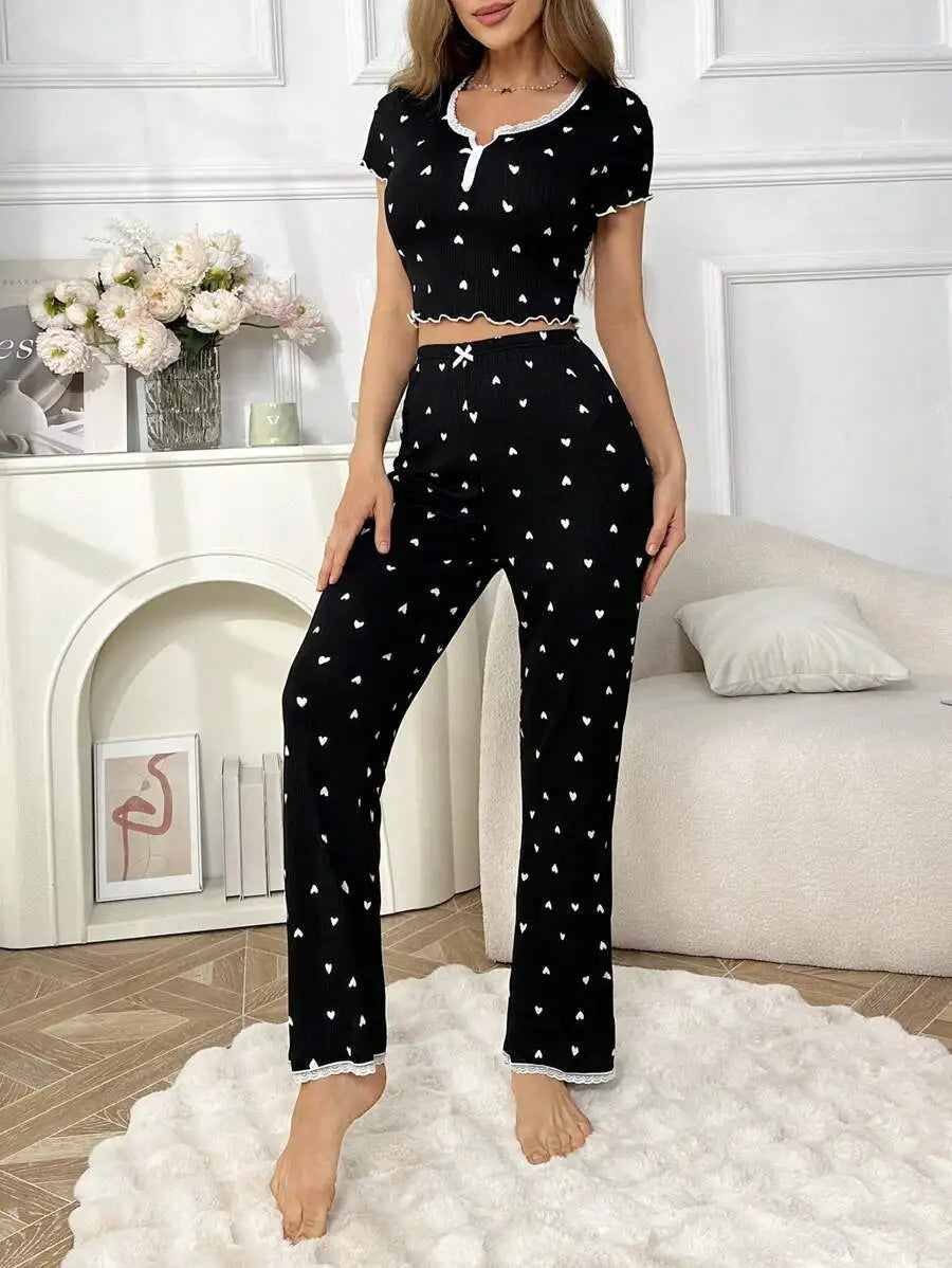 Spring and Summer New Women's Pop-Up Short-Sleeved Love Collar Printed Pajamas Loungewear Set Girls Style Pajamas Loungewear Set RT220