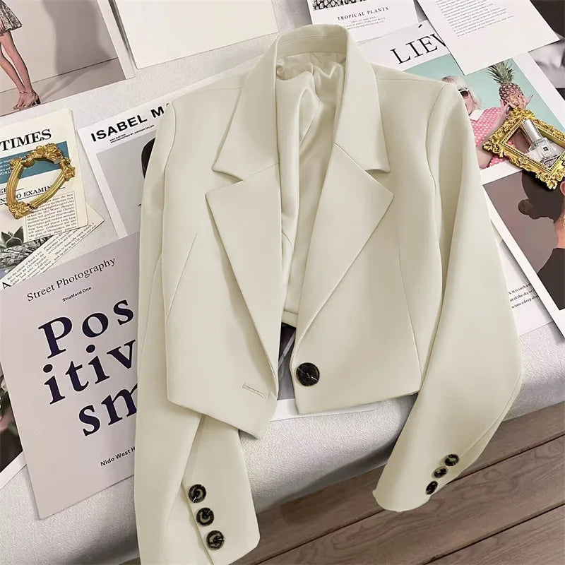 Korean Cropped Blazers Women Autumn Solid Color Simple Single-button Outwear Teens All-match Long Sleeve Office Lady Suit Jacket RT220