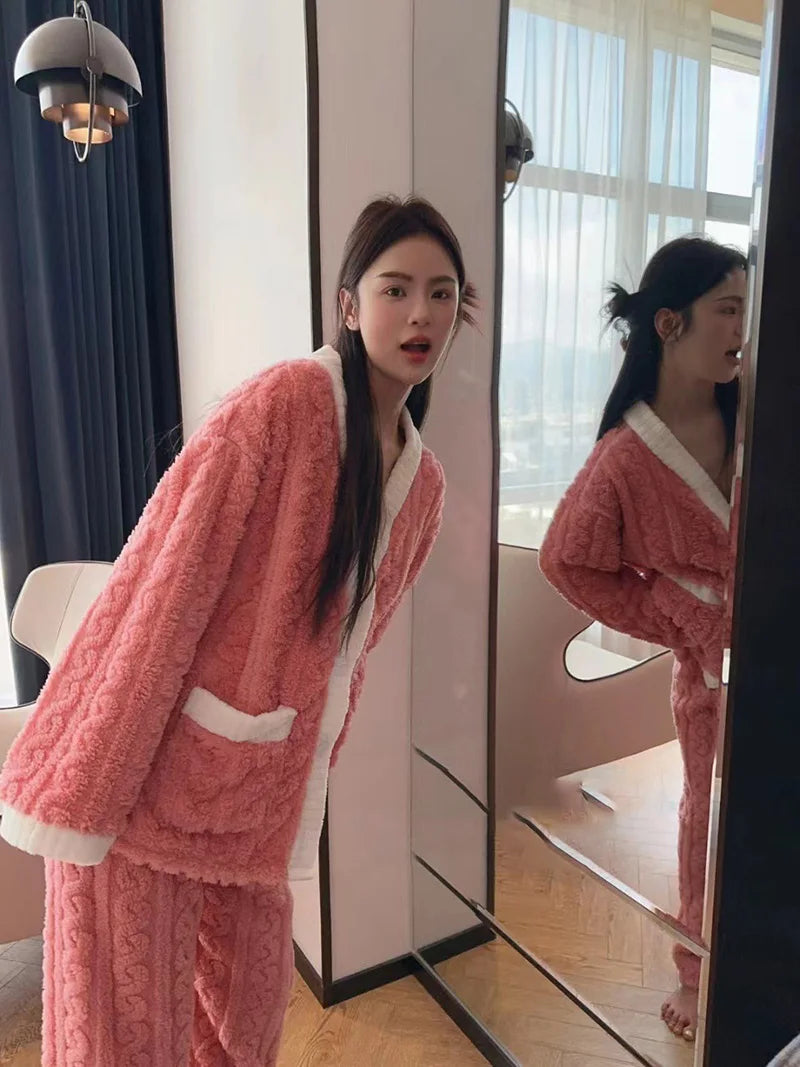 2pcs/Set Autumn And Winter Pajamas Women Thickened Padded Warm Students Coral Girls Clot Velvet Suit Homewear Cardigan Trousers RT220