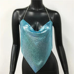 New Sexy Backless Metal Sequined Solid Camis Sleeveless Halter Hollow Out V Neck Adjustable Chain Women Nightclub Crop Tops RT220