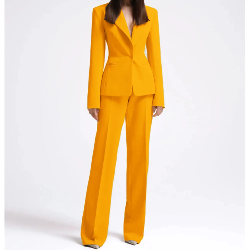 Office Lady Fashion Beige Women Suits One Button Peak Lapel 2 Piece Jacket Pants Slim Fit Smart Causal Conjuntos De Pantalones RT220