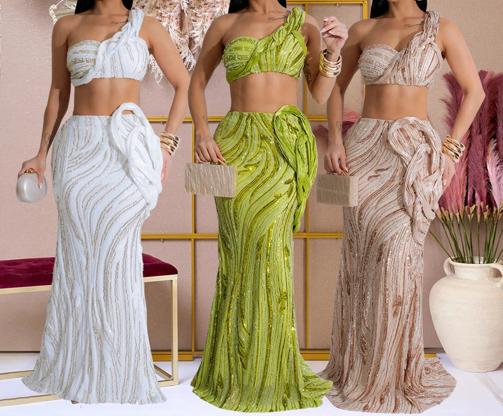 Sexy One-shoulder Long Summer Dress Sequin Birthday Holiday Elegant Party Evening Dresses Luxury Womens Prom Dresses XSY29 RT220