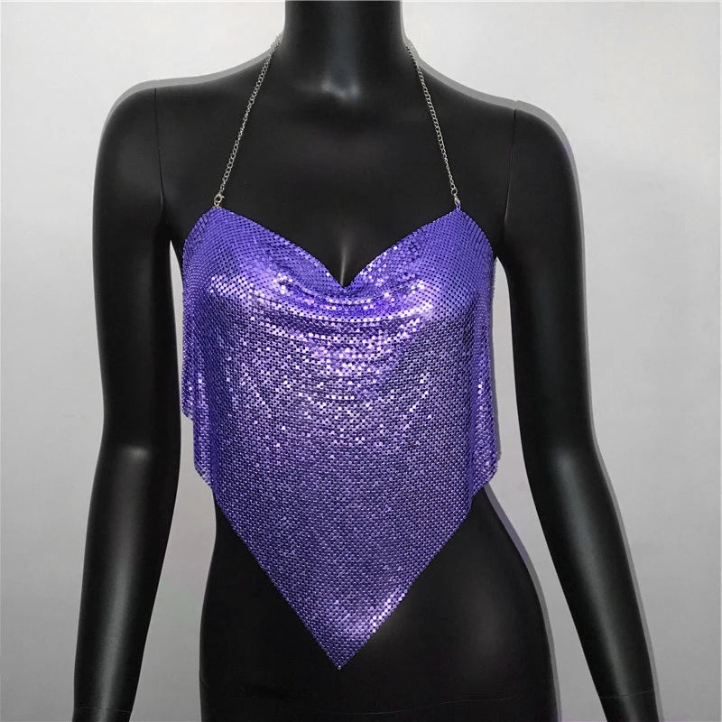 New Sexy Backless Metal Sequined Solid Camis Sleeveless Halter Hollow Out V Neck Adjustable Chain Women Nightclub Crop Tops RT220