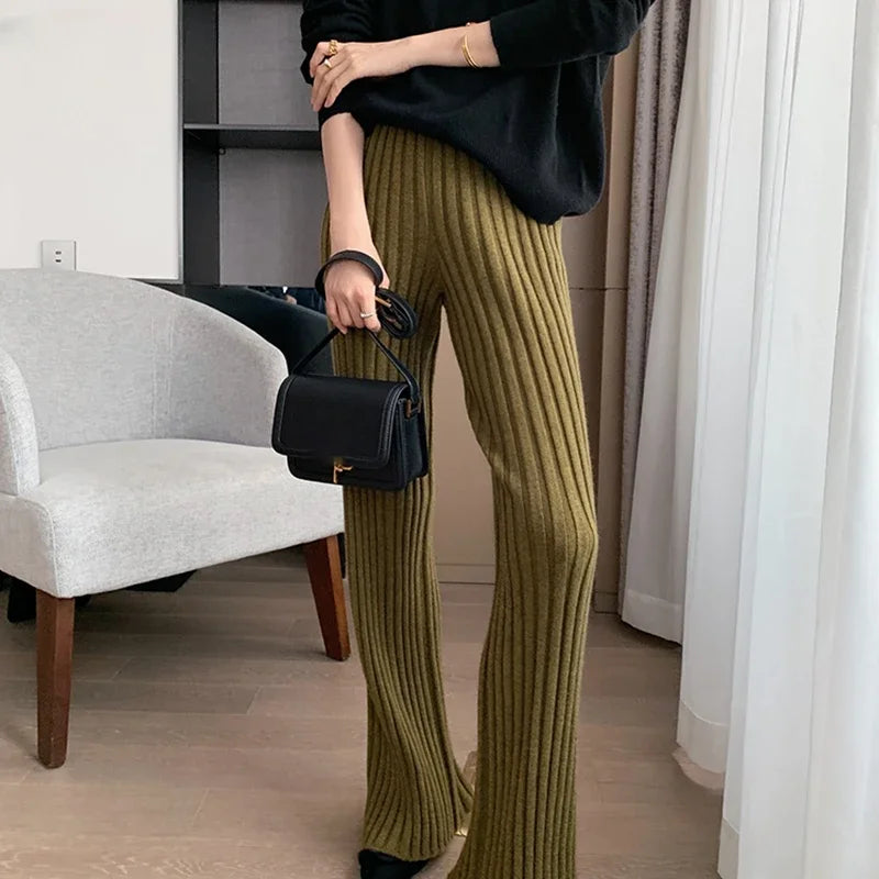 Autumn Winter Casual Thick Knitted Pant Women Long Trousers Elastic High Waist Kniting Wide Leg Pants Striped Pantalon RT220