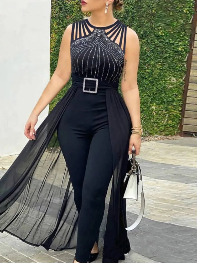 Summer Sleeveless Lace Up Women's Elegant Long Jumpsuit Fashion Hot Drill Waist Mesh Mop Slim Fit Female Party Jumpsuit 2025 RT220