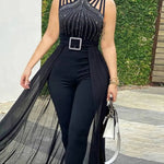 Summer Sleeveless Lace Up Women's Elegant Long Jumpsuit Fashion Hot Drill Waist Mesh Mop Slim Fit Female Party Jumpsuit 2025 RT220