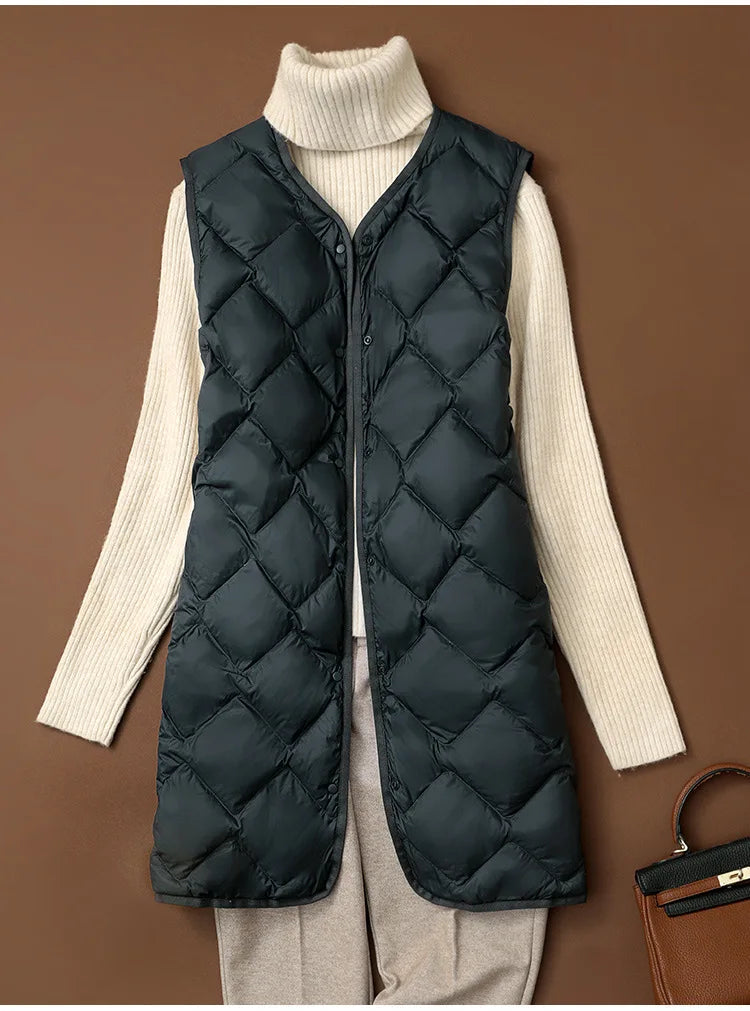 Women Sleeveless X-long Ultra Light Down Jackets 2024 New Arrivals Autumn Winter Korean Fashion V-neck Liner Vest Down Coats 3XL RT220