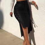 Fashion New Women's Faux Leather Midi Skirt High Waist Button Trim Slim Solid Color Slit Bodycon Pencil Skirt with Belt RT220