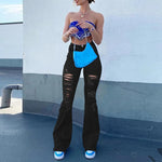 Women High Waist Black Flare Jeans Lady Bell Bottom Ripped Denim Pants Streetwear Distressed Classic Full Length Long Trouser RT220