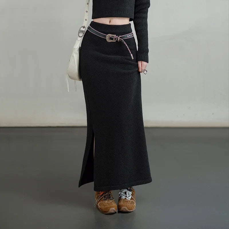 Maden Retro Knitted Skirt Solid Color Slit Fit with Single-side Slit Versatile A - line Skirt for Women's Autumn and Winter RT220