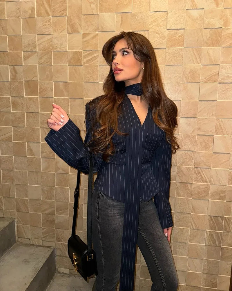 Trendix Elegant Blazer 2 Piece Sets Women V Neck Patchwork Scarf Lace Up Jackets Femme Bodycon Skirt And Commuting Blazers Suits RT220