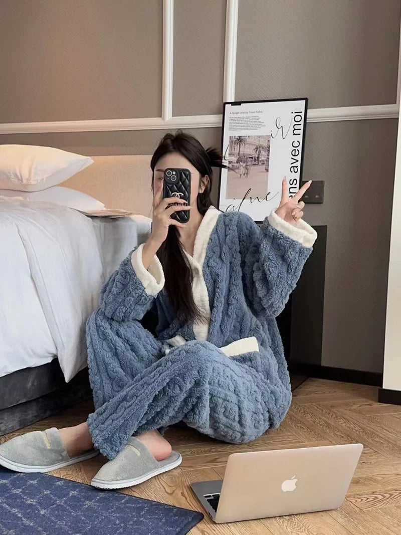 2pcs/Set Autumn And Winter Pajamas Women Thickened Padded Warm Students Coral Girls Clot Velvet Suit Homewear Cardigan Trousers RT220