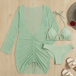 Long Sleeves Dress Bikini Set 2025 Women Neon Green Lace Up 3 Pieces Swimsuit Brazilian Bathing Suit Pleate Cover Up Swimwear RT220