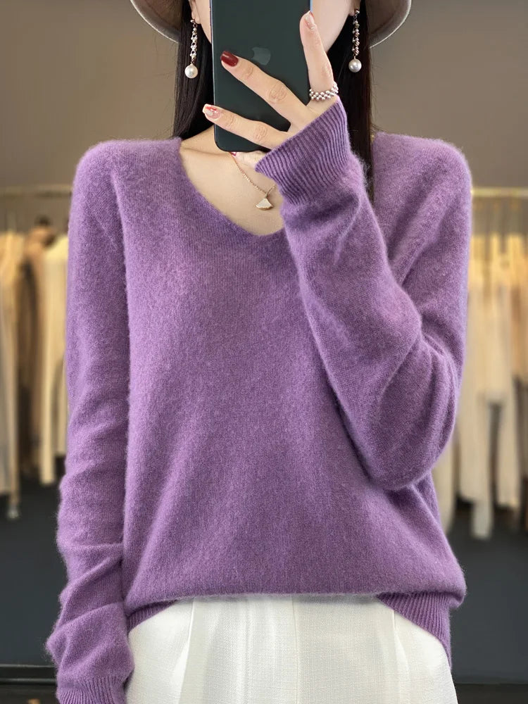 2024 New Womens Basic V-neck Pullover Sweater 100% Merino Wool Long Sleeve Cashmere Knitwear Autumn Winter Female Clothing Tops RT220