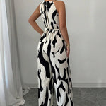 Fashion Women Jumpsuit Sexy Halter Print Sleeveless High Waist Lace-up Wide Leg Pants Long Jumpsuits Female Casual Lady Jumpsuit RT220