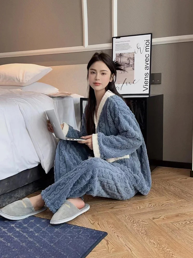 2pcs/Set Autumn And Winter Pajamas Women Thickened Padded Warm Students Coral Girls Clot Velvet Suit Homewear Cardigan Trousers RT220