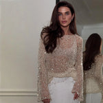 Sequined Knitting O-neck Pullover Women Elegant Hollow Out Design Long Sleeve 2025 Spring Evening Party Tops for Ladies RT220