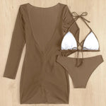 Long Sleeves Dress Bikini Set 2025 Women Neon Green Lace Up 3 Pieces Swimsuit Brazilian Bathing Suit Pleate Cover Up Swimwear RT220