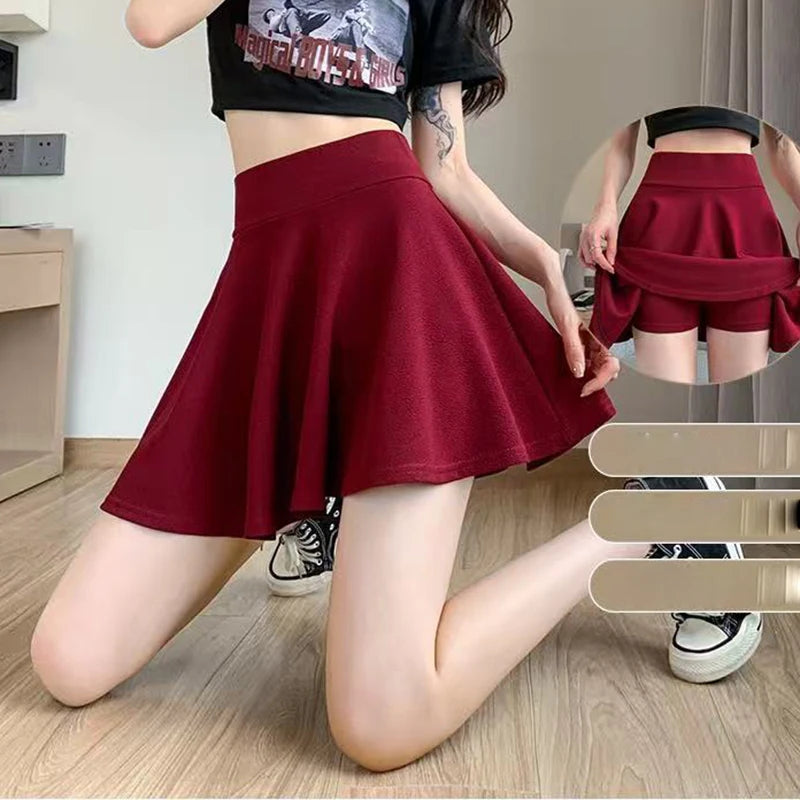 ITOOLIN Women Sweet Solid Color Preppy Skirts Casual Wide Leg High Waist Mini Skirts Women Harajuku Pleated A-line Skirts New RT220