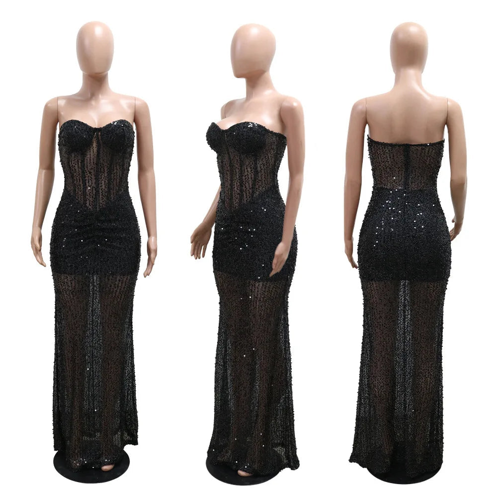 Long Dresses With Sleeves Strapless Sequin Womens Dresses See-through Elegant Party Evening Dress Birthday Prom Maxi Dress XSY22 RT220