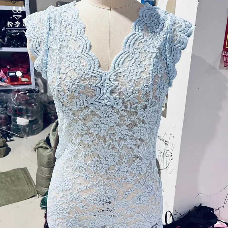 Sexy Deep V Neck Sleeveless Lace Blouse Shirts Summer Fashion Women Lace Patchwork Pullover Tops XCDZ-540738 RT220
