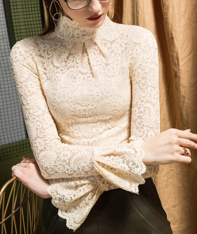 Women Paisley Flower Lace Shirt S-2XL Stretch Turtleneck Bell Sleeve Blouse Tops Pink Blue Coffee Green Fashion Ladies Blouses RT220