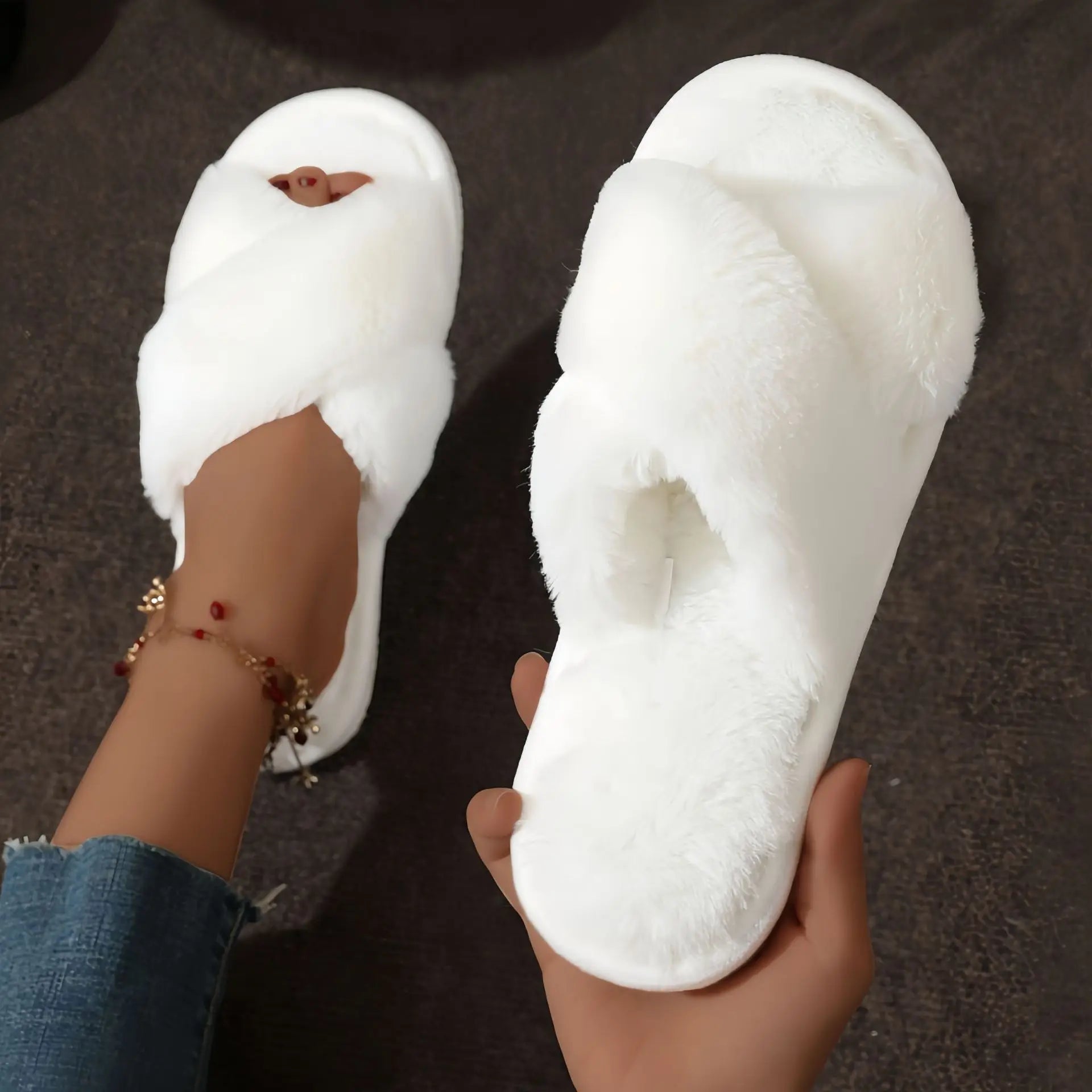 Women’s Cross Band Fur Slippers Indoor Furry Fuzzy Open Toe Shoes Home Cozy Warm Slides Double Straps Slipper Soft Sole Non Slip RT220