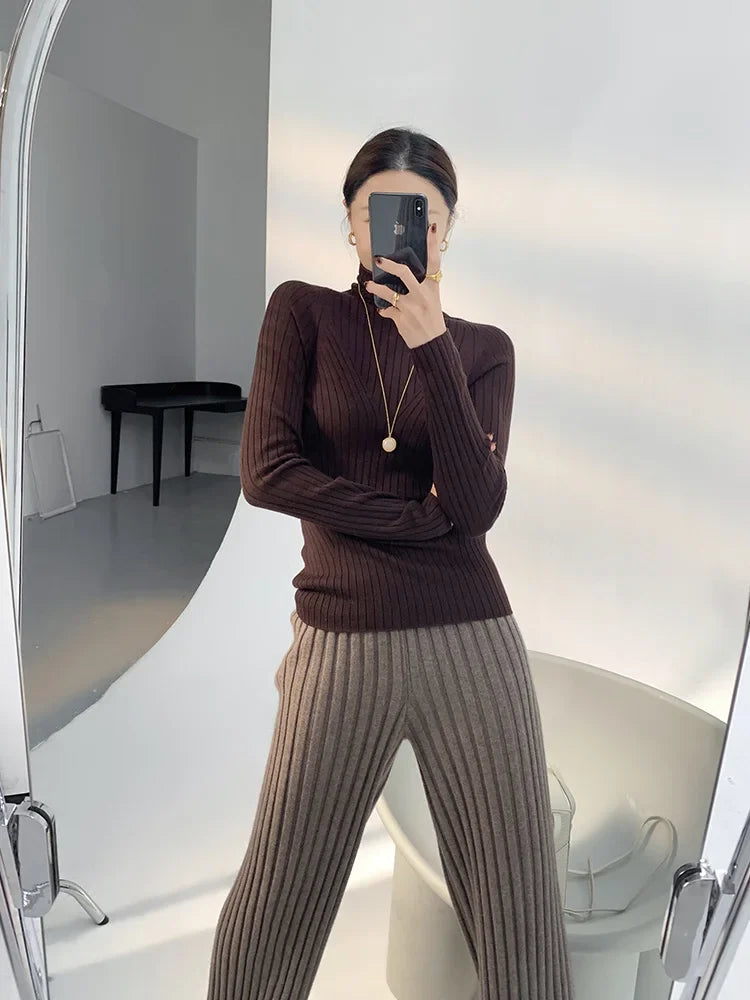 Autumn Winter Casual Thick Knitted Pant Women Long Trousers Elastic High Waist Kniting Wide Leg Pants Striped Pantalon RT220