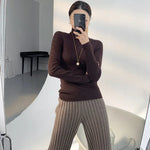 Autumn Winter Casual Thick Knitted Pant Women Long Trousers Elastic High Waist Kniting Wide Leg Pants Striped Pantalon RT220