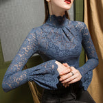 Women Paisley Flower Lace Shirt S-2XL Stretch Turtleneck Bell Sleeve Blouse Tops Pink Blue Coffee Green Fashion Ladies Blouses RT220