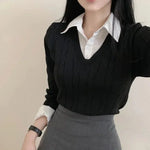 Korean Chic Spring and Autumn Age-Reducing Sweaters Retro Temperament Preppy Fake Two Pieces Shirts Twist Knit Women's Y2k Tops RT220