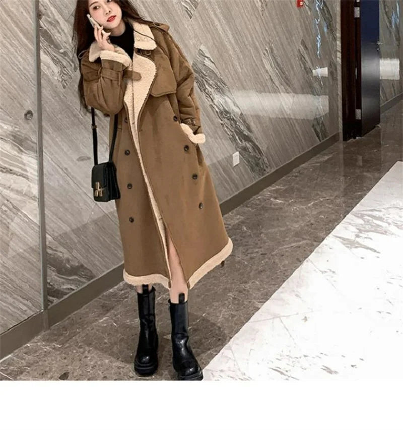 2024 Autumn Winter New Medium Long Double-breasted Lambswool Suede Woolen Coat Women Add Velvet Padded Warm Fur One Woolen Coats RT220