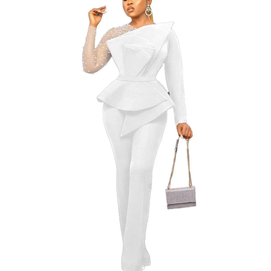 Luxury Jumpsuits & Rompers for Women Round Neck Beaded Transparent Sleeve High Waisted Elegant Female Birthday Party Overalls RT220