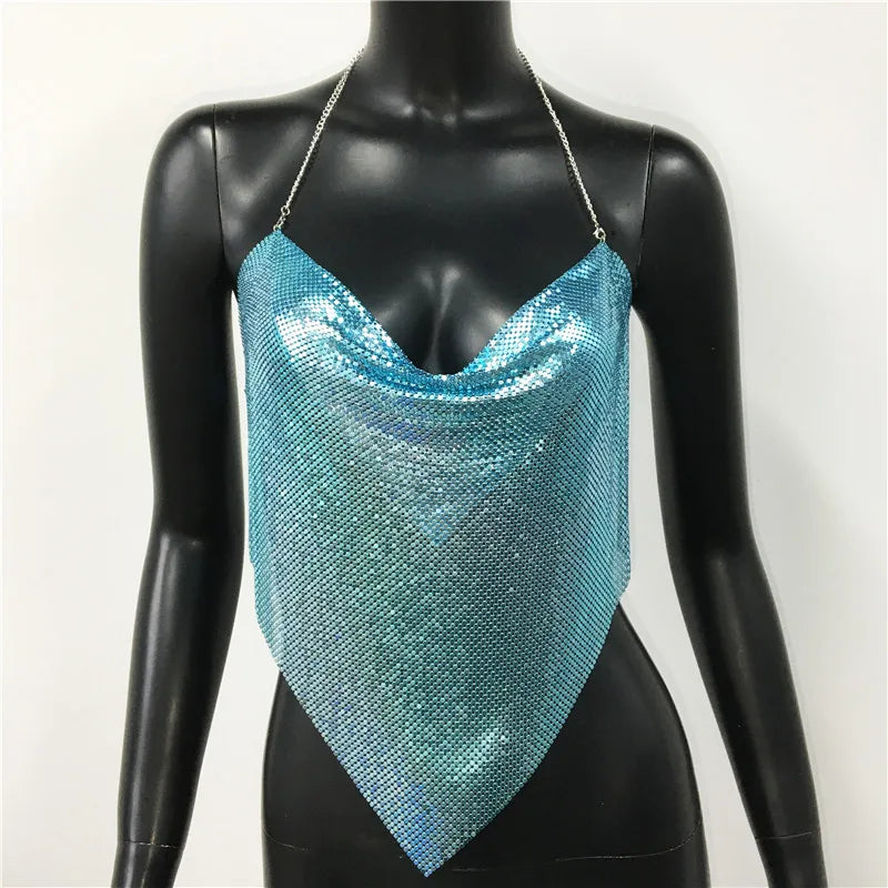 New Sexy Backless Metal Sequined Solid Camis Sleeveless Halter Hollow Out V Neck Adjustable Chain Women Nightclub Crop Tops RT220