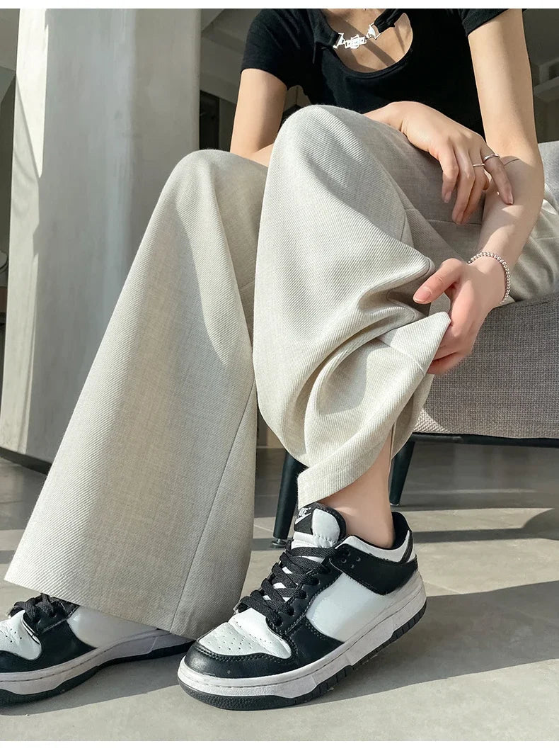 Seoulish Spring Summer Elegant Button Women's Wide Leg Pants 2025 New High Waist Solid Casual Loose Straight Trousers for Womens RT220