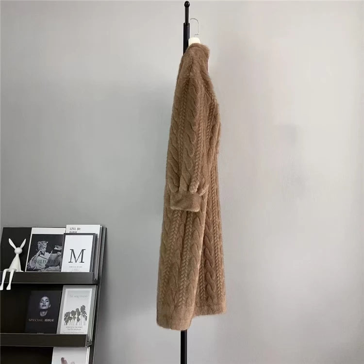 Women Fur Cardigan Thickened Long2025Spring And Autumn V-neck Jacket Female Loose Simple Leisure With Buttons Faux Fur Mink Coat RT220