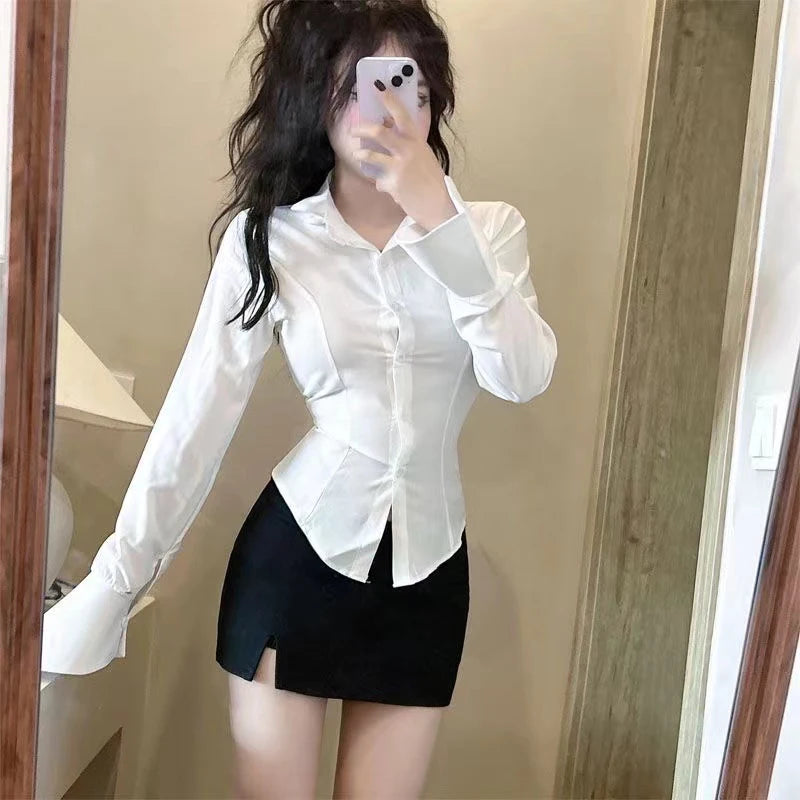 Sexy Slim Bandage Shirts Women Y2K Fashion Lapel Bell Sleeve White Blouses Female Korean Streetwear Spring Buttons Tops New RT220
