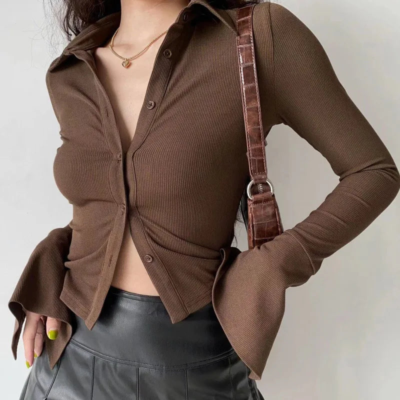 Sexy Slim Flared-sleeve Shirt Polo Collar Lapel Five-color All-match Women's Slim Stretch Long-sleeved Top Women Shirts Blouses RT220