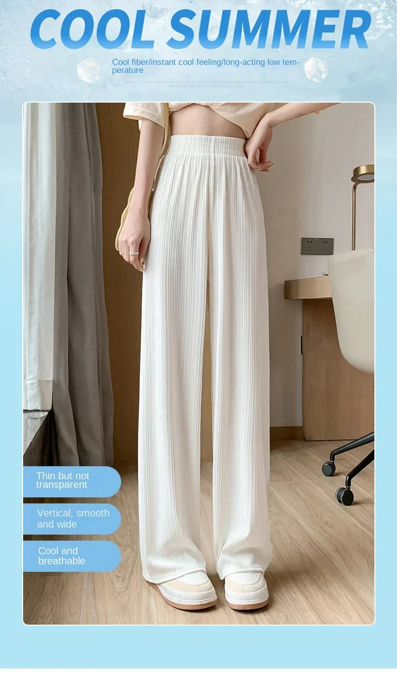 Thin Summer Wide-leg Pants Ice Filament Permeability Women Spring  Women Elastic Waist Stright Long Wide Leg Pants Casual Female RT220