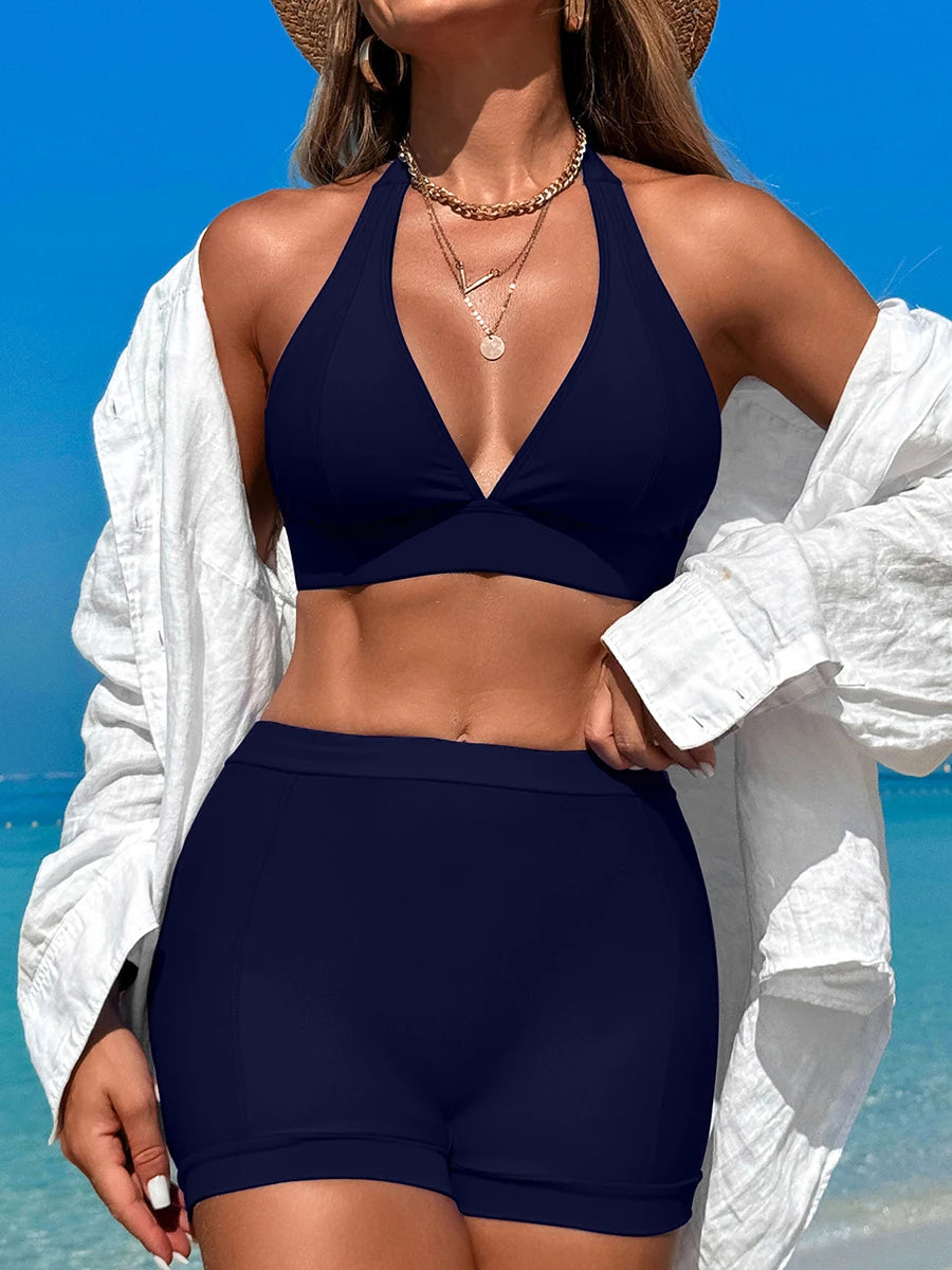 2025 High Waist Bikini Solid Halter Swimsuit Women Sexy Swimwear Female Bathers Bathing Swimming Swim Suit Beachwear RT220