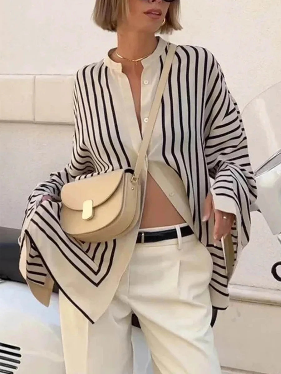 Elegant Striped Shirts Women Vintage Irregular White Blouses Ladies Fashion Long Sleeve Chic Buttons Loose Design Tops New Blusa RT220