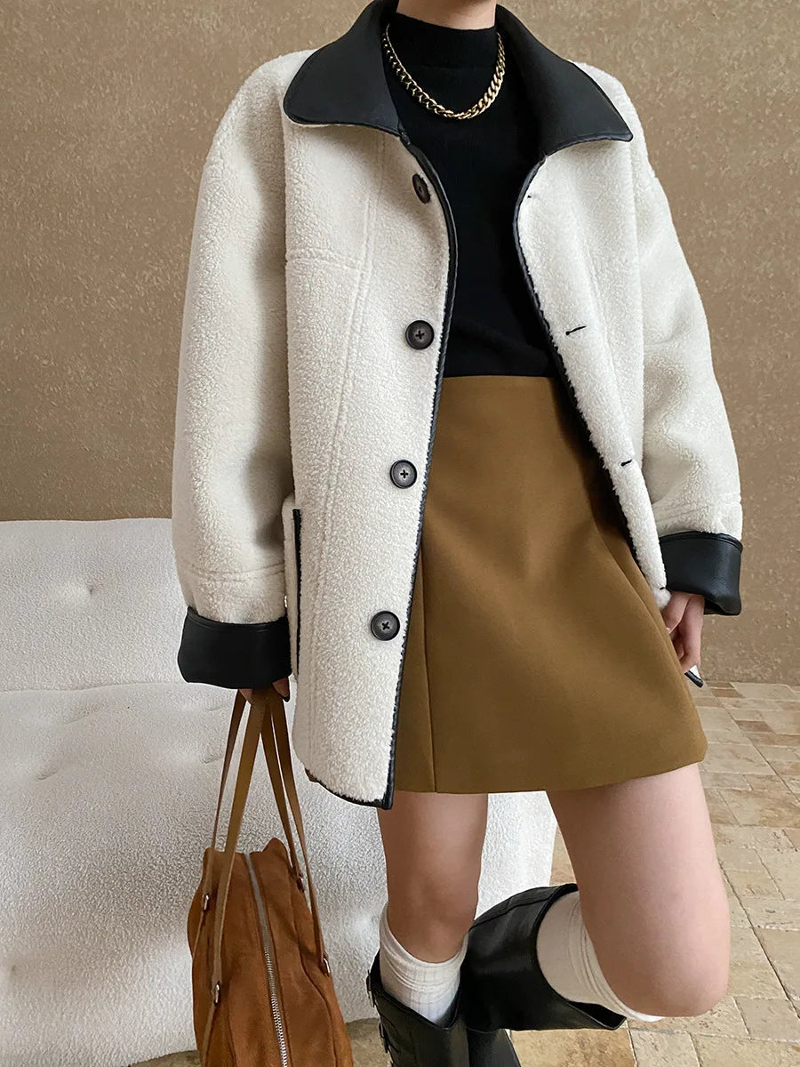 [LANMREM] Faux Fur Thick Warm Coats Lapel Single Breasted Office Lady Elegant Female Outwear Fashion 2025 Winter New 26C1095 RT220