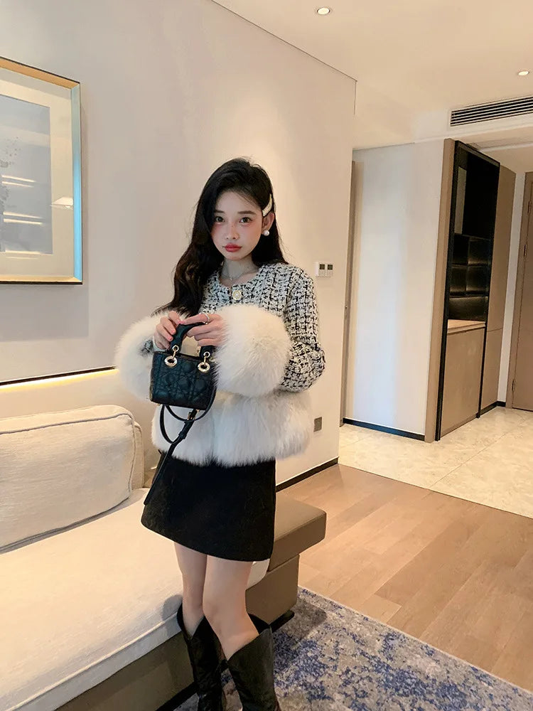 Autumn Winter Women's White Imitation Fox Fur Single Breasted Short Jacket New High-Quality Cotton/Non Cotton Wool Coats RT220