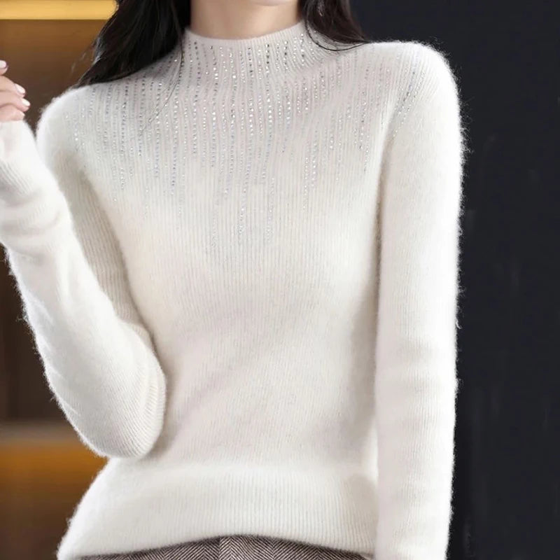 Lucyever Luxury Shiny Crystal Turtleneck Sweaters Women Fashion Slim Rhinestones Knitted Jumper Ladies Solid Soft Warm Pullover RT220