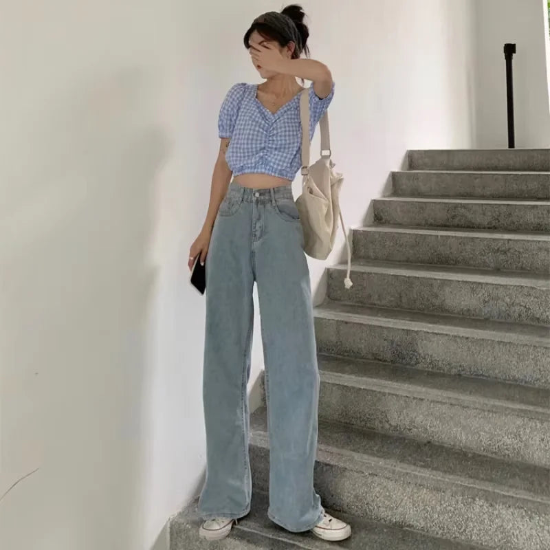 Autumn Spring Jeans Women Denim Pants Vintage Straight Trousers Fashion Female White Black Solid Loose Casual Wide Leg Pants RT220