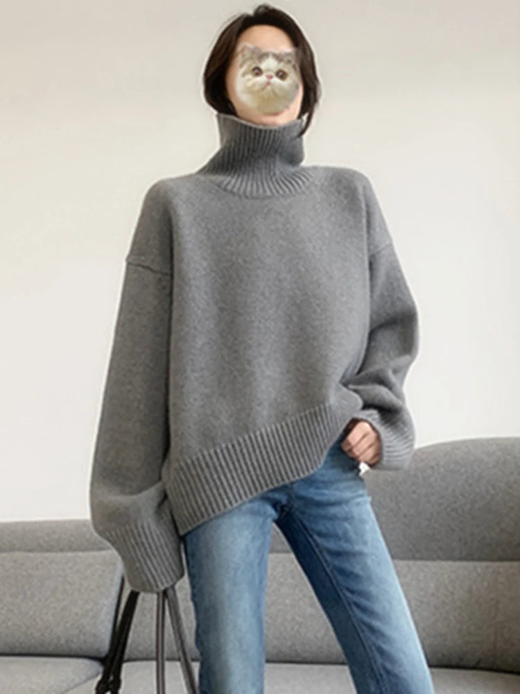 Jmprs Lazy Wind Grey Turtleneck Sweaters Women Vintage Loose Knitted Pullovers Streetwear Retro Harajuku Long Sleeve Simple Tops RT220